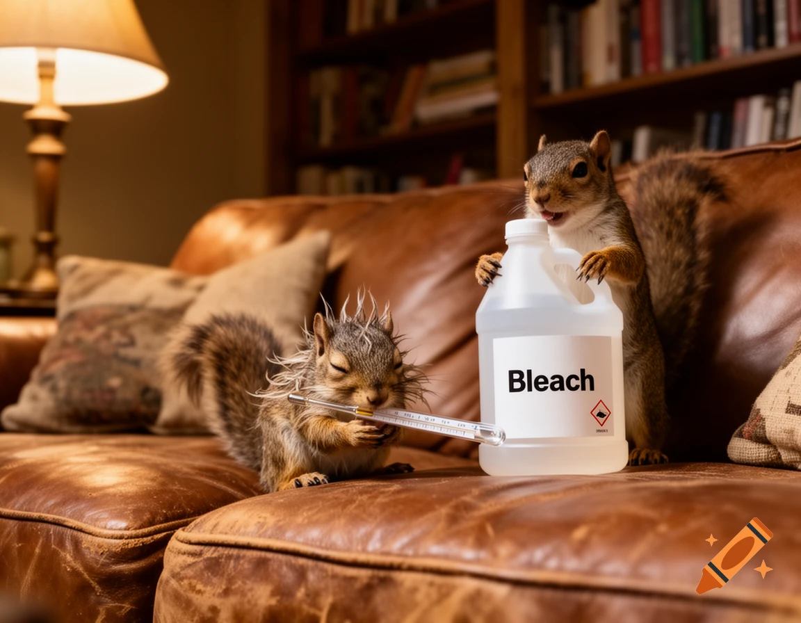 A sick squirrel with spiky fur lies on a leather couch with a thermometer in its mouth, while another squirrel holds a bottle of bleach.