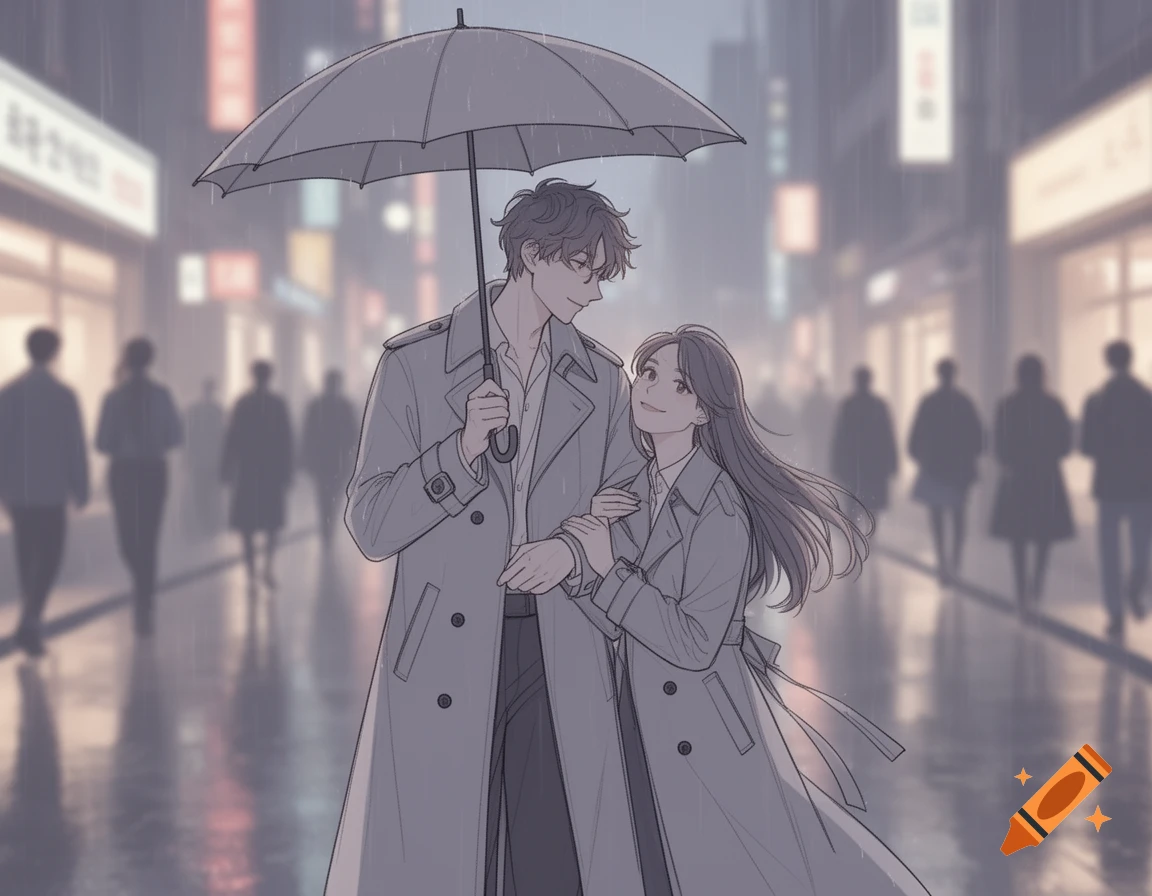 A couple in trench coats walks hand-in-hand under an umbrella in the rain on a city street at night, in a low-saturation anime style.