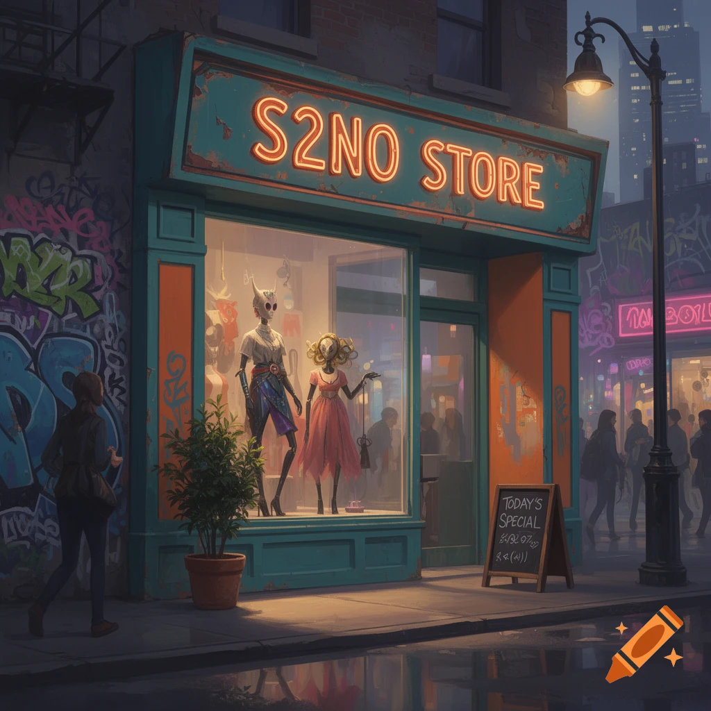 A vibrant night street scene features a store with a neon "S2NO STORE" sign. Mannequins in elaborate outfits are displayed in the window, and a sidewalk sign reads "TODAY'S SPECIAL" with illegible text below. Graffiti covers the wall to the left, and people are visible in the background.