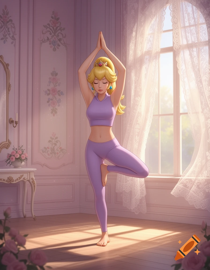 Princess Peach in a lavender crop top and leggings practices yoga in a sunlit room, standing in tree pose with closed eyes.