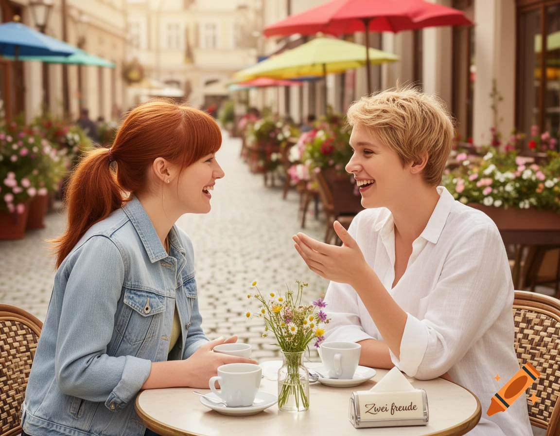 Two smiling women in an outdoor cafe, drinking coffee and talking on a sunny street.