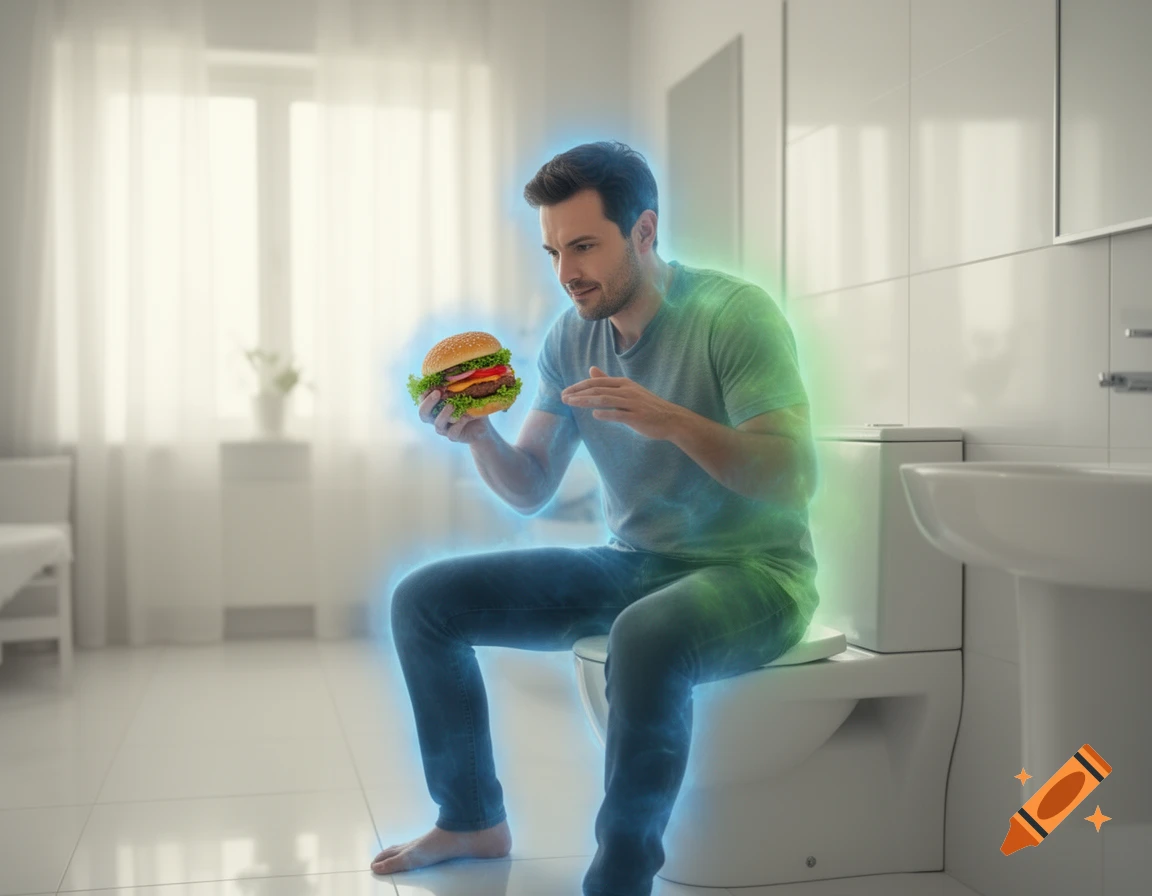 A man on a toilet, surrounded by a blue and green aura, holding and looking intently at a large burger.