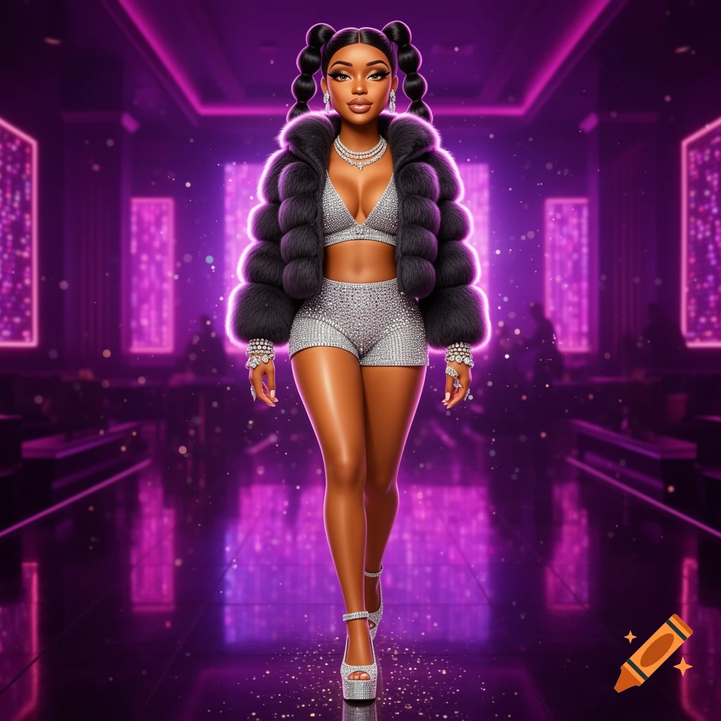 Hyper-realistic glossy 3D portrait of an African American woman in a fur jacket, rhinestone shorts, and platform heels, walking in a purple-lit nightclub.
