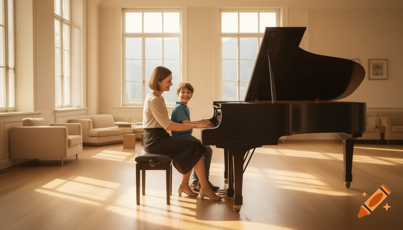 A woman and a young boy smiling while playing a grand piano in a sunlit, modern living room, photorealistic.