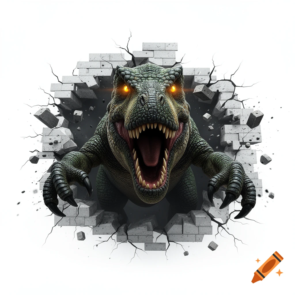 A roaring, green T-Rex with glowing orange eyes bursts through a grey brick wall, surrounded by debris on a white background.