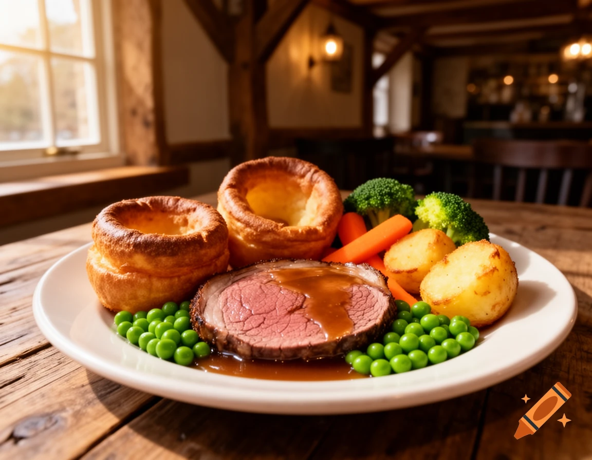 A photorealistic image of a traditional Sunday roast dinner on a white plate, featuring sliced beef, Yorkshire puddings, roasted potatoes, peas, and carrots, set on a wooden table in a cozy pub with warm lighting.