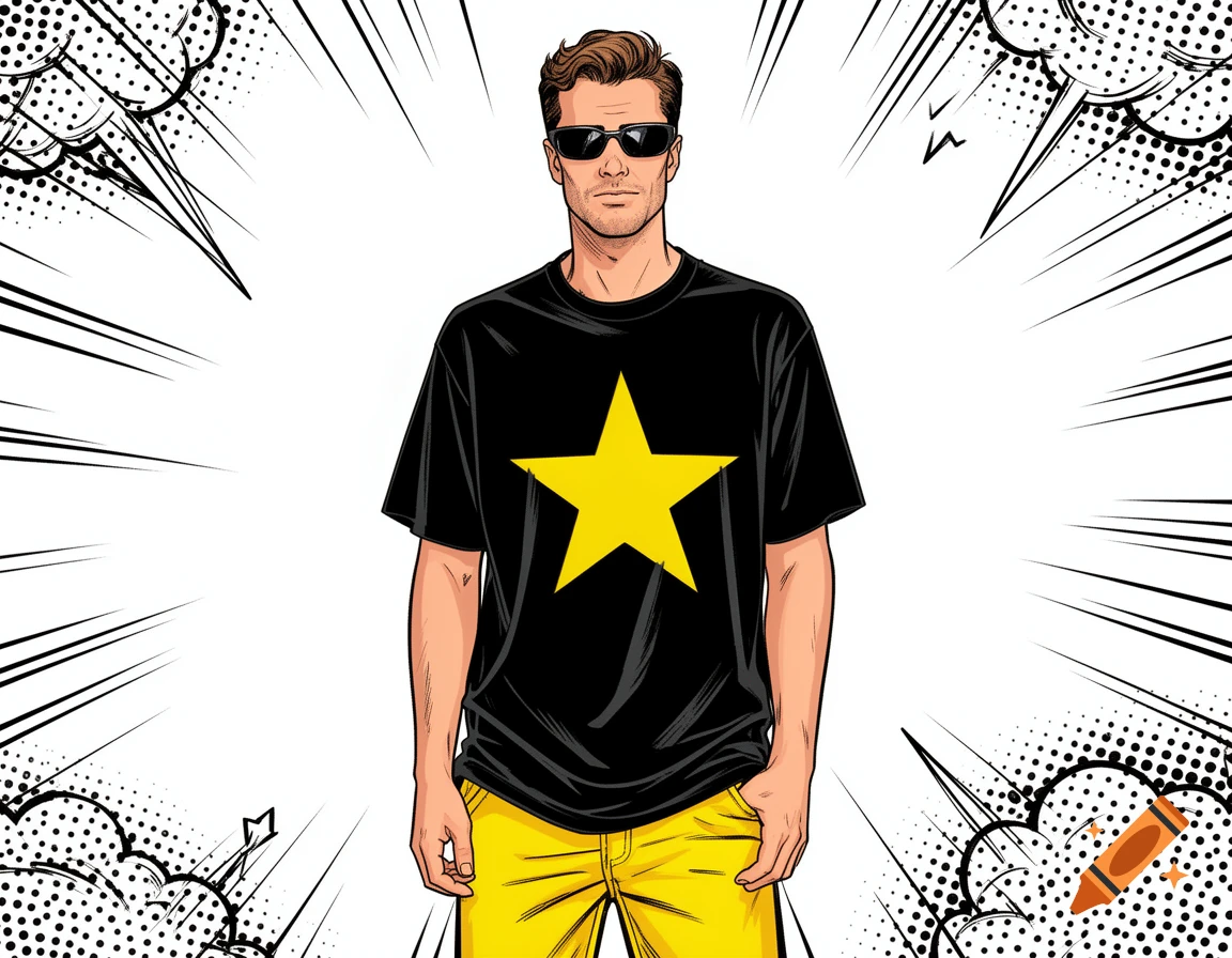 Comic art of a man in a black t-shirt with a yellow star, yellow pants, and sunglasses, with pop art speech bubble elements.