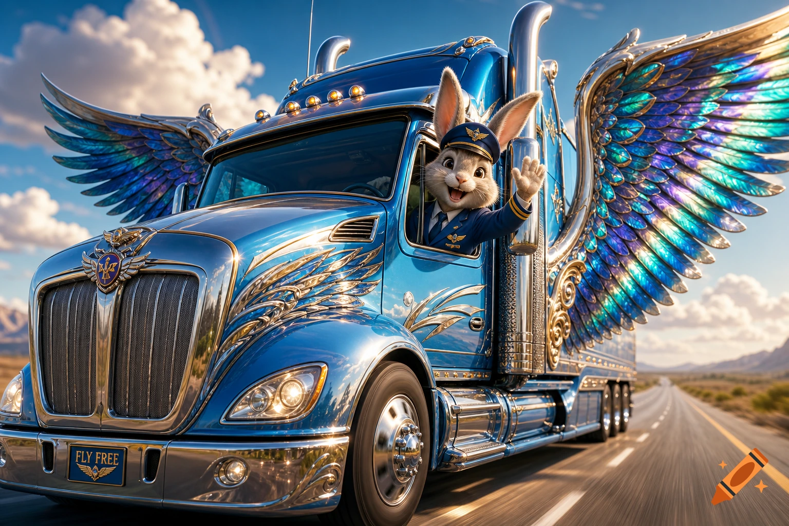 A cartoon rabbit in a pilot uniform drives a winged blue semi-truck on a highway, waving from the window. The truck's license plate reads "FLY FREE".