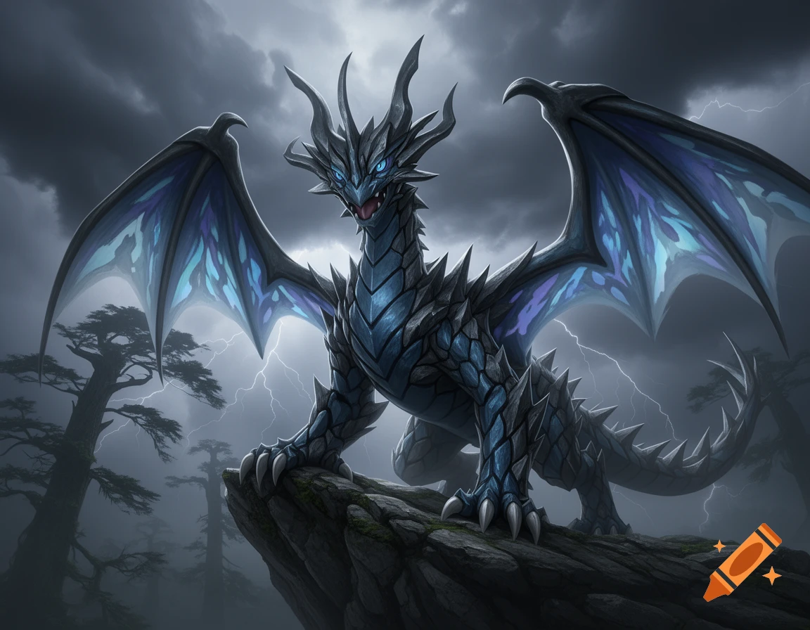 A majestic blue and black dragon with glowing eyes perches on a cliff under a stormy sky with lightning, detailed fantasy art.