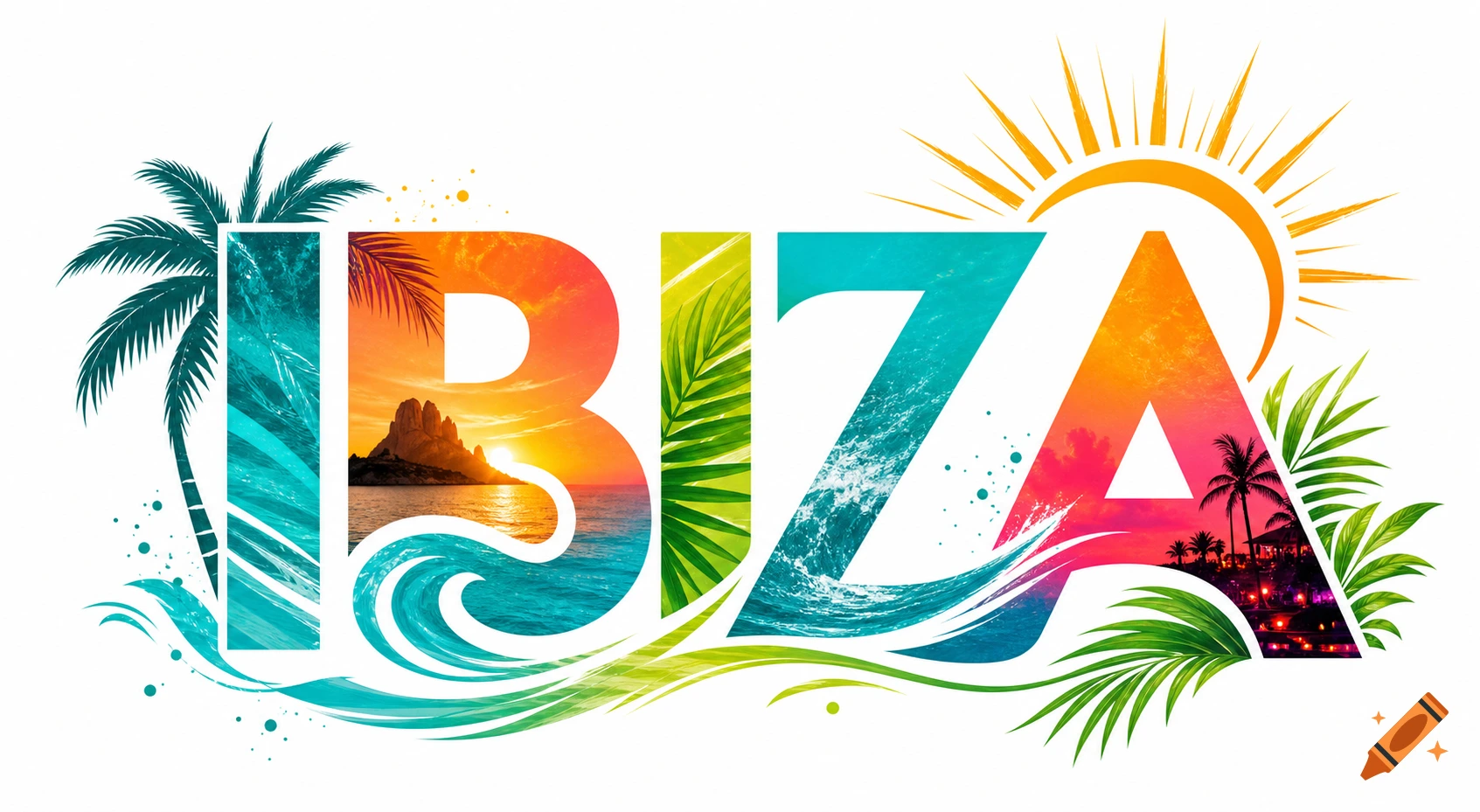 The word "IBIZA" rendered in colorful tropical scenes with palm trees, ocean waves, and a vibrant sunset.
