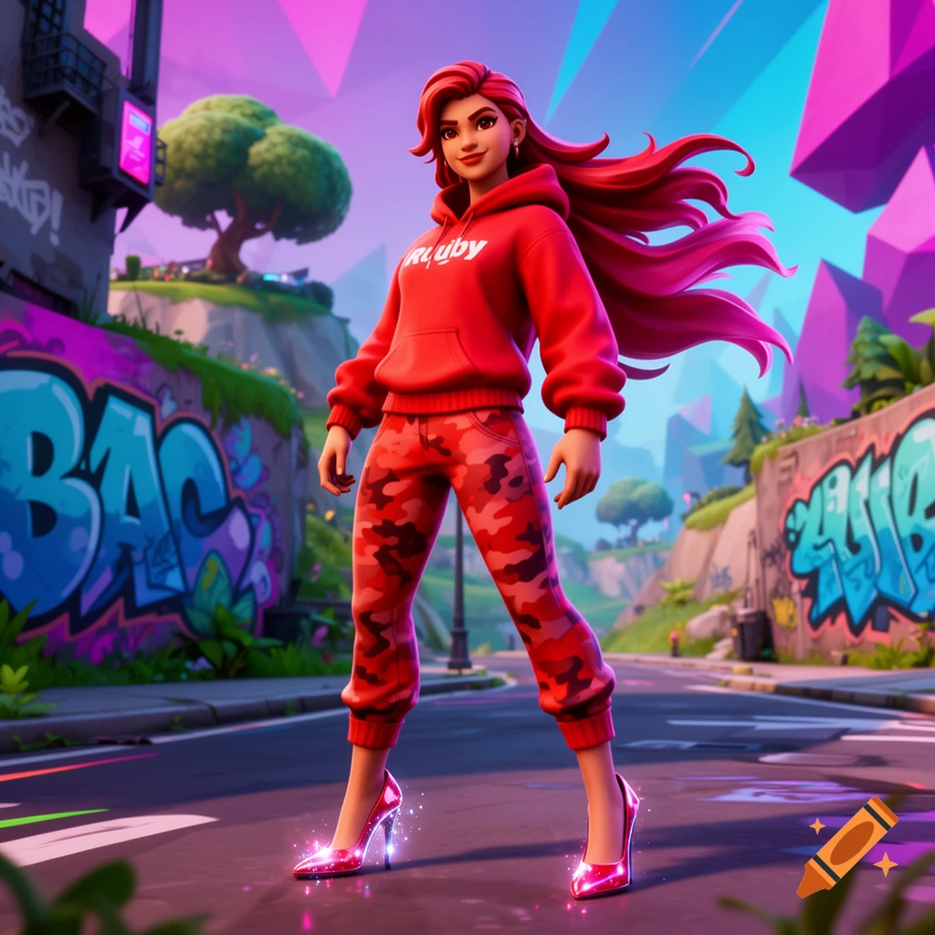 A stylized female character with long red hair, wearing a red hoodie, red camo pants, and sparkling pink high heels, stands on a graffiti-covered street.