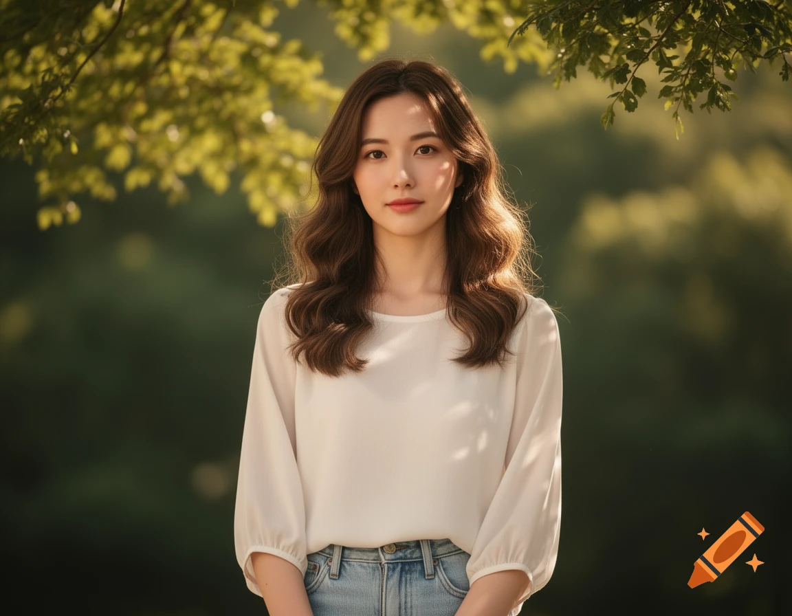 A woman with long brown hair and a white blouse stands in a sun-dappled ...