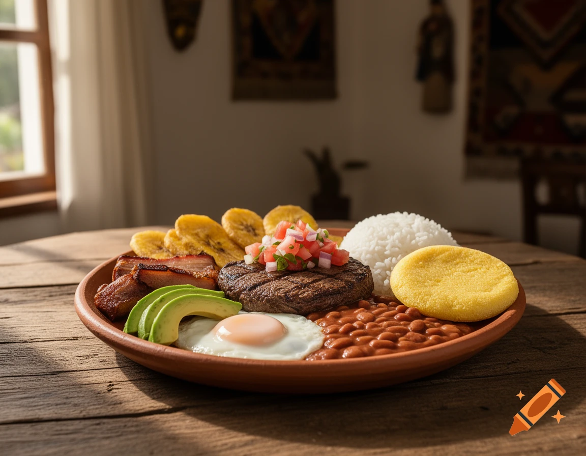 Photorealistic Bandeja Paisa with steak, fried egg, beans, avocado, rice, plantains, pico de gallo, and arepa on a rustic wooden table.