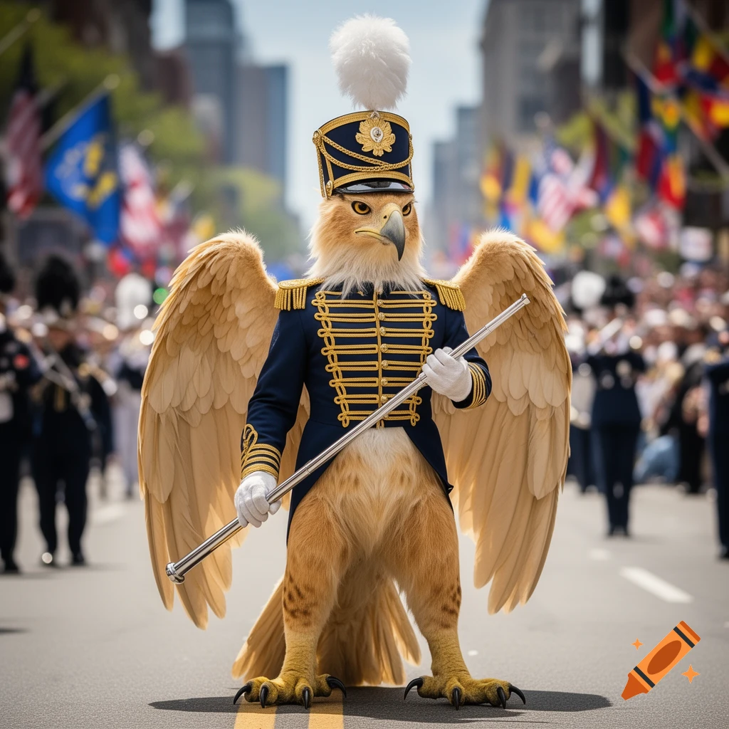 A photorealistic anthropomorphic gryphon drum major in a blue and gold uniform stands holding a mace during a street parade.