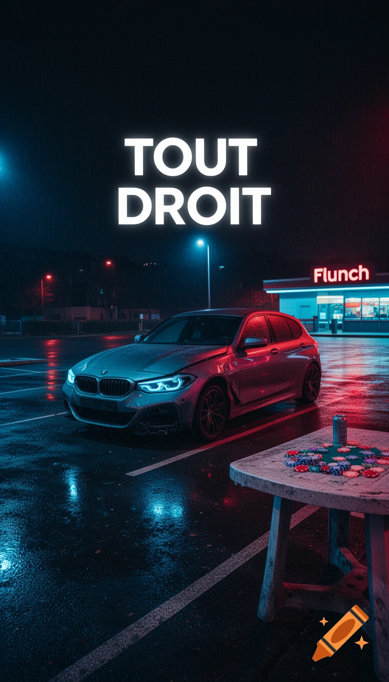 A silver BMW is parked in a wet urban parking lot at night under neon lights. Poker chips are on a table nearby. Text reads "TOUT DROIT" at the top, and "Flunch" on a distant building.
