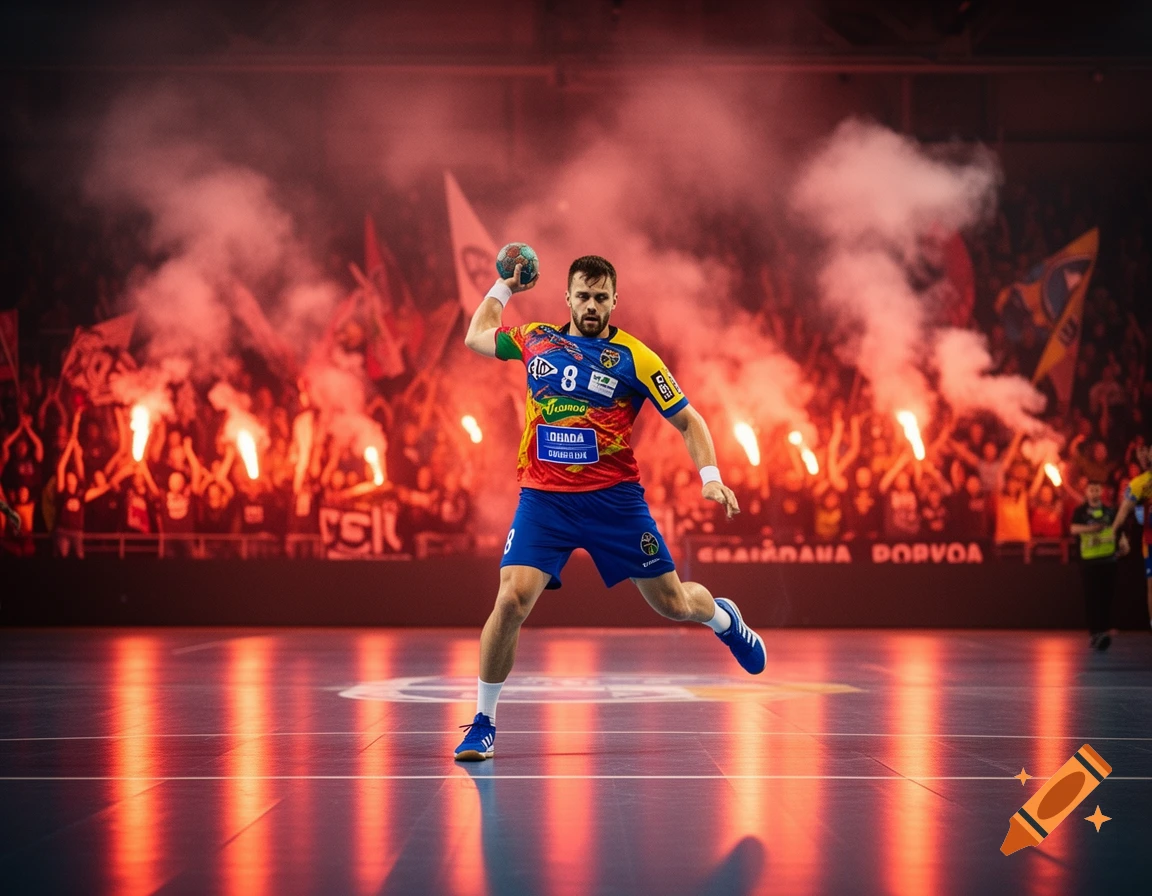 A male handball player in a blue and red uniform throws a ball on a court, with a crowd and red pyrotechnics in the background.
