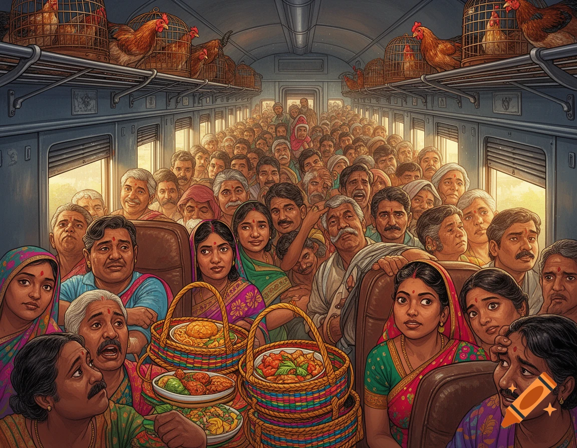 A crowded Indian train car filled with numerous people, chickens in cages on overhead racks, and baskets of food, in a detailed cartoon style.