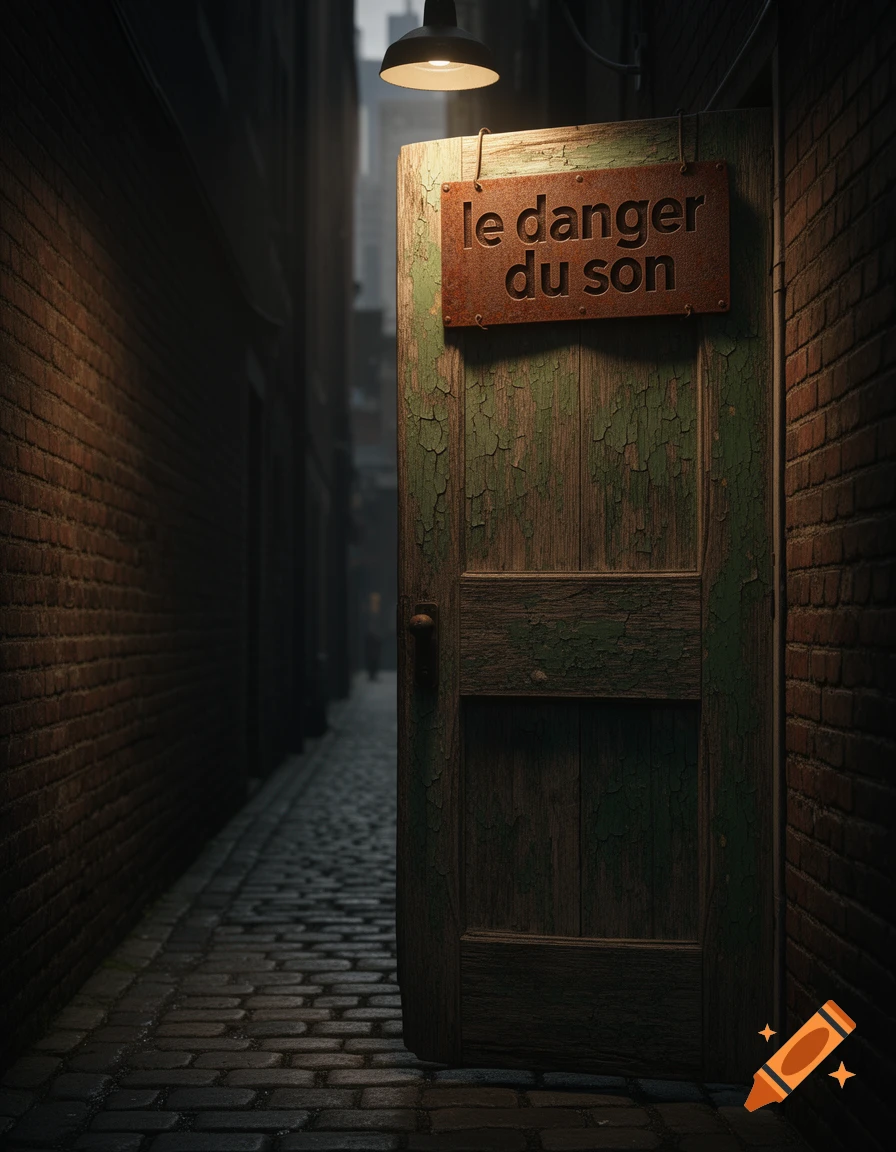 A dark, atmospheric alleyway with a cobbled ground, lit by a single overhead lamp, revealing an old, peeling green door with a sign that reads 'le danger du son'.