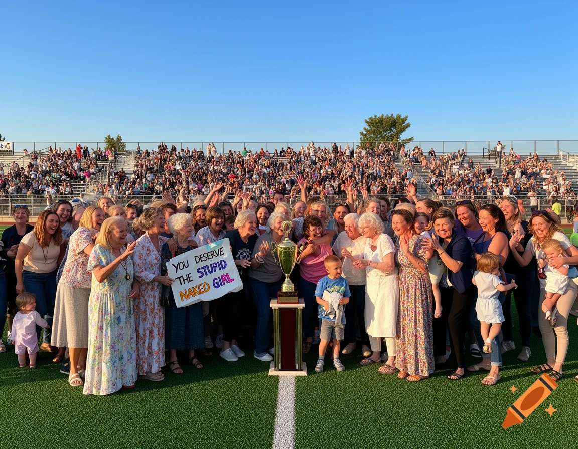 A large group of joyful women and children celebrate a sports victory on a soccer field with a trophy and a sign, with a crowd in the background.