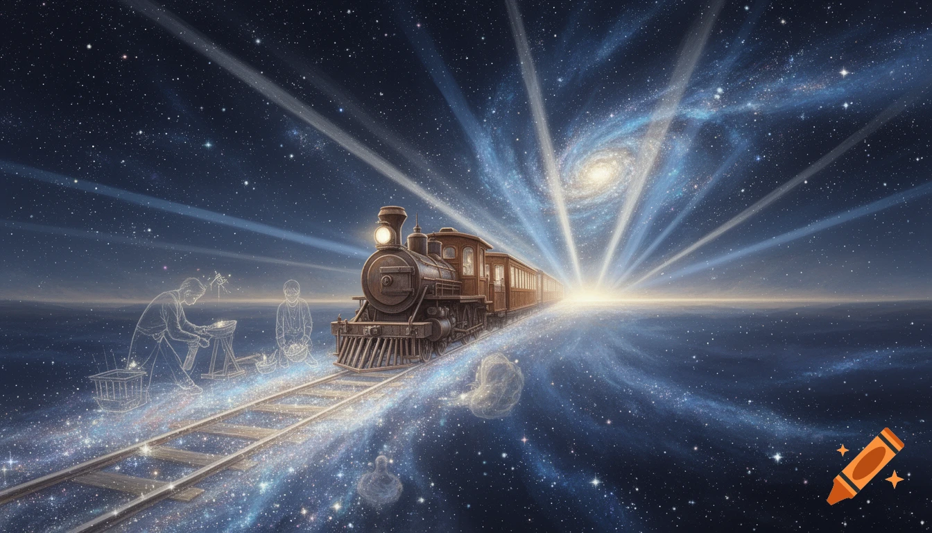 A vintage train travels on stardust tracks through a cosmic starry galaxy with glowing nebulae and ethereal, translucent figures.