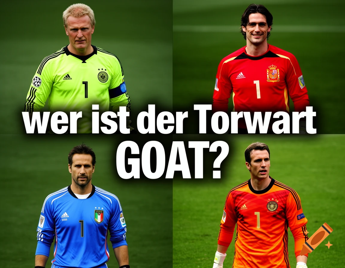 A four-panel image of four famous male goalkeepers, Oliver Kahn, Iker Casillas, Gianluigi Buffon, and Manuel Neuer, each wearing a number one jersey, with the question "wer ist der Torwart GOAT?" (who is the goalkeeper GOAT?) overlayed in white text.