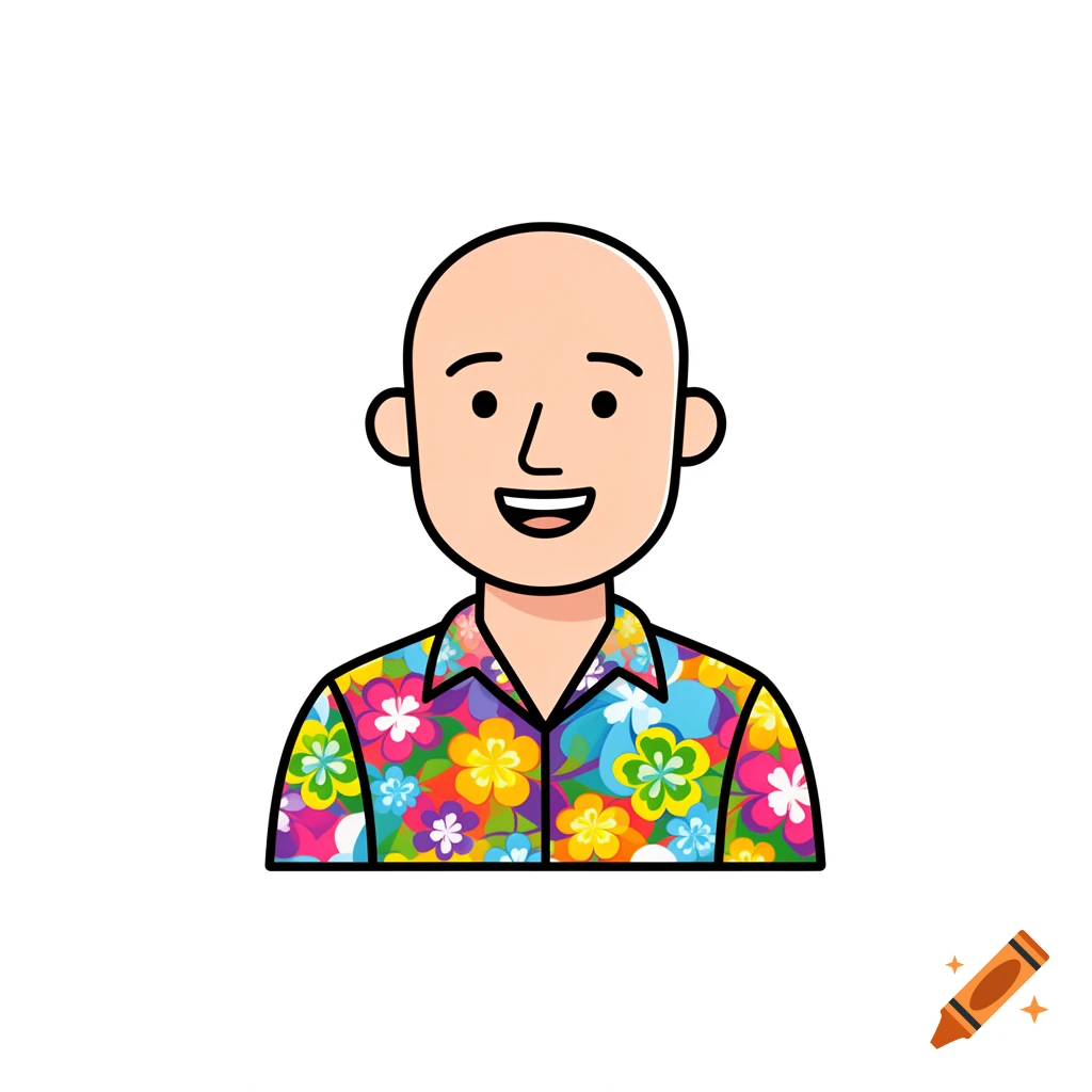 Smiling bald man in a colorful floral Hawaiian shirt, depicted as a 2D cartoon vector avatar with bold outlines.