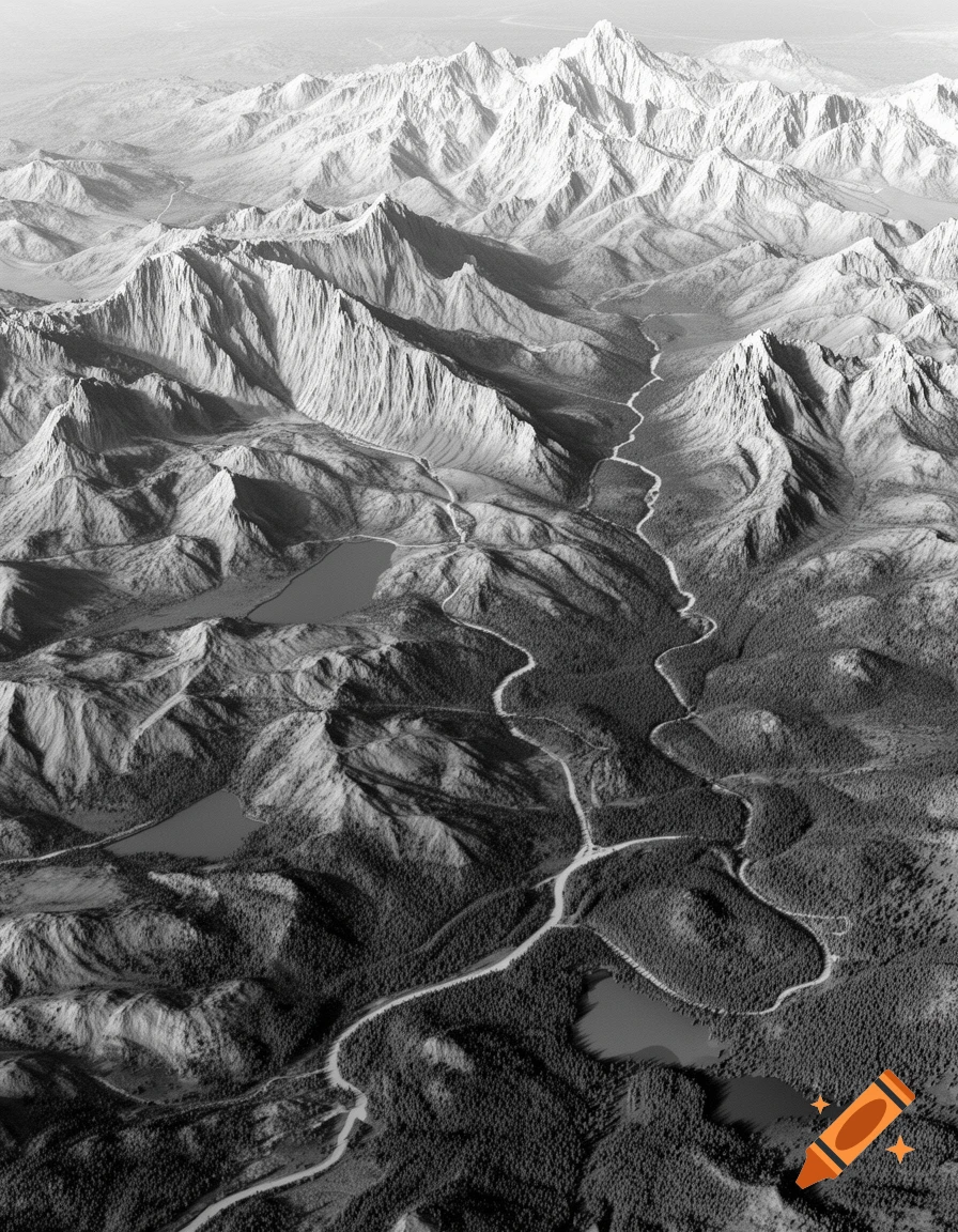 Grayscale aerial view of a vast mountainous landscape with a winding river, lakes, and dense forests.
