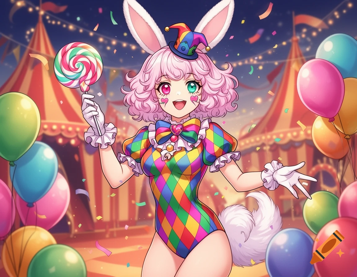 An anime clown bunny girl with pink hair, a colorful harlequin outfit, and bunny ears, holding a lollipop at a festive carnival.
