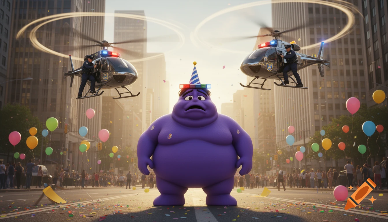 A large purple cartoon character wearing a party hat stands in a city street, surrounded by balloons and confetti, while two police helicopters hover above, appearing to arrest him.