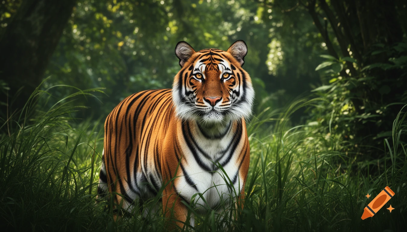 A photorealistic tiger with orange and black stripes and piercing amber eyes stares forward from tall green grass in a lush jungle.