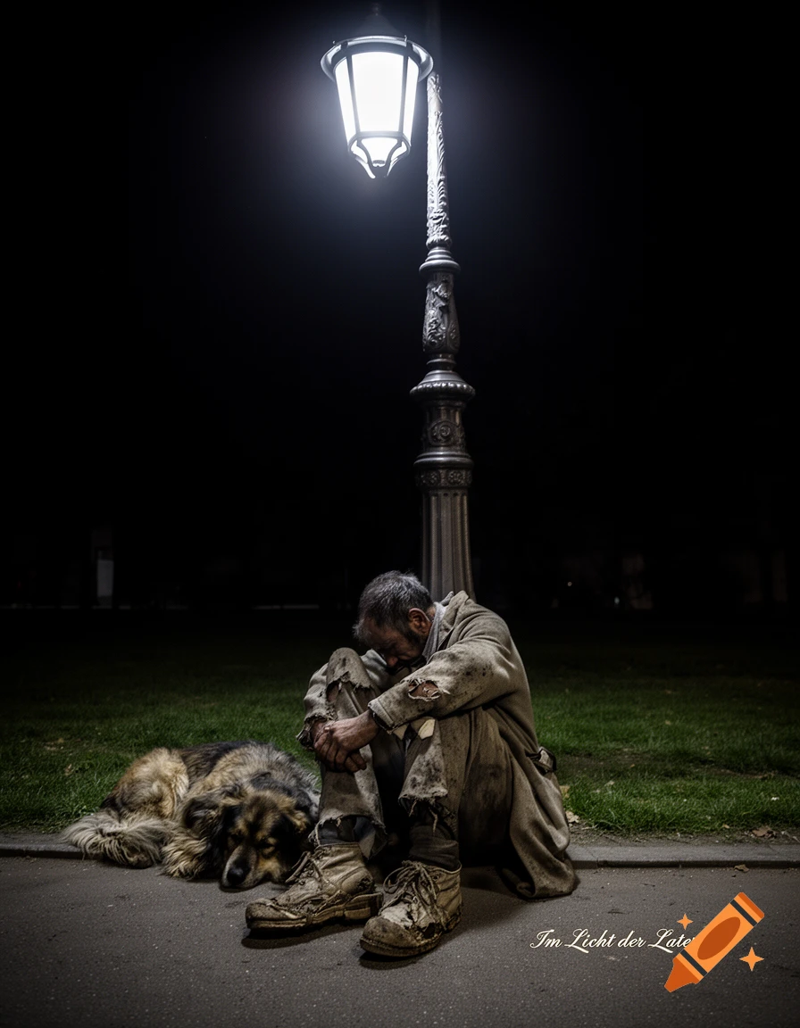A photorealistic image of a homeless man with dirty, torn clothes embracing his knees, sitting next to his sleeping dog under a bright streetlamp at night. Text reads 'Im Licht der Laternen'.