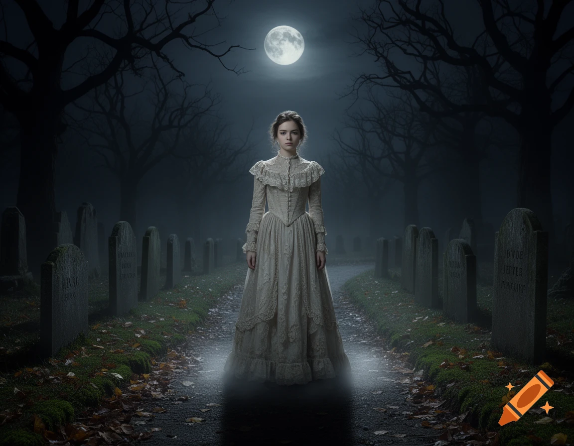 A woman in a white Victorian dress stands in a misty, moonlit cemetery among headstones and bare trees.