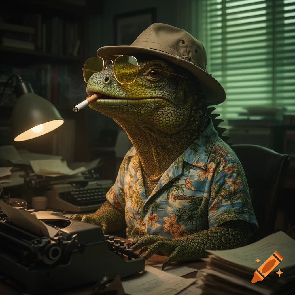 A photorealistic anthropomorphic lizard, dressed in a hat and Hawaiian shirt, smokes a cigarette while typing at a vintage typewriter in a cluttered office.