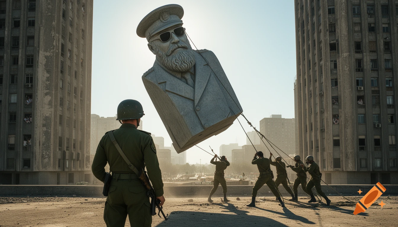 Realistic image of soldiers pulling down a large stone statue of a bearded dictator in sunglasses, set against a backdrop of old skyscrapers.
