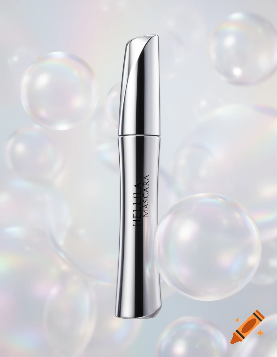 A sleek silver mascara tube labeled "HELLILA MASCARA" stands vertically amidst glowing, iridescent bubbles on a soft, light background.
