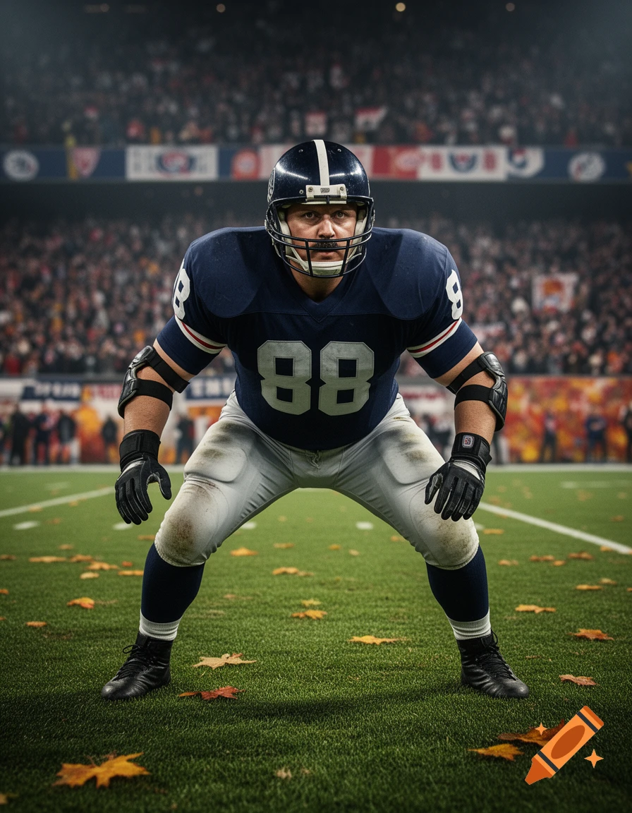 Photorealistic image of an American football player in a blue uniform with '88' on a grassy field in a stadium.