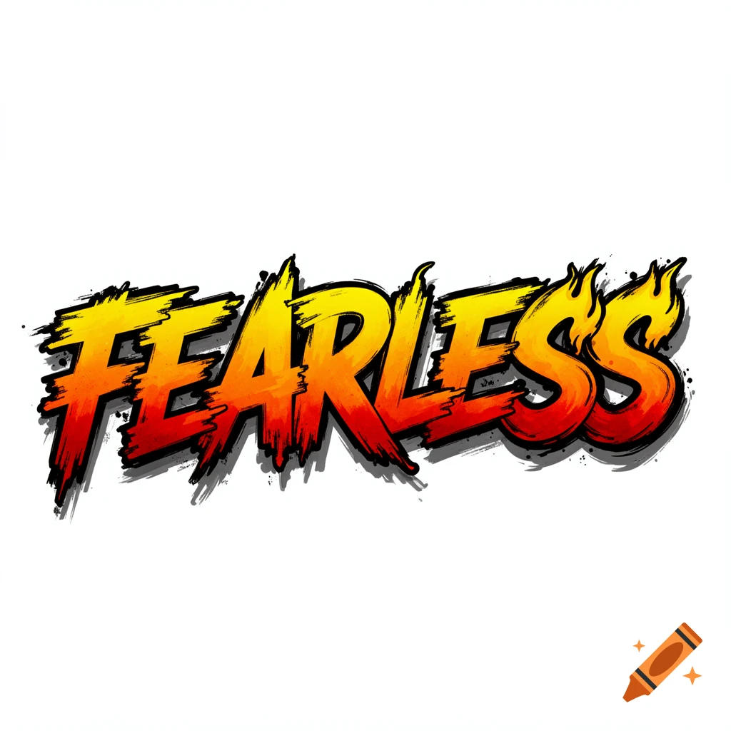 The word "FEARLESS" in aggressive, graffiti-style typography with distressed brush-stroke edges, a thick shadow, and a yellow to red fire gradient against a white background.