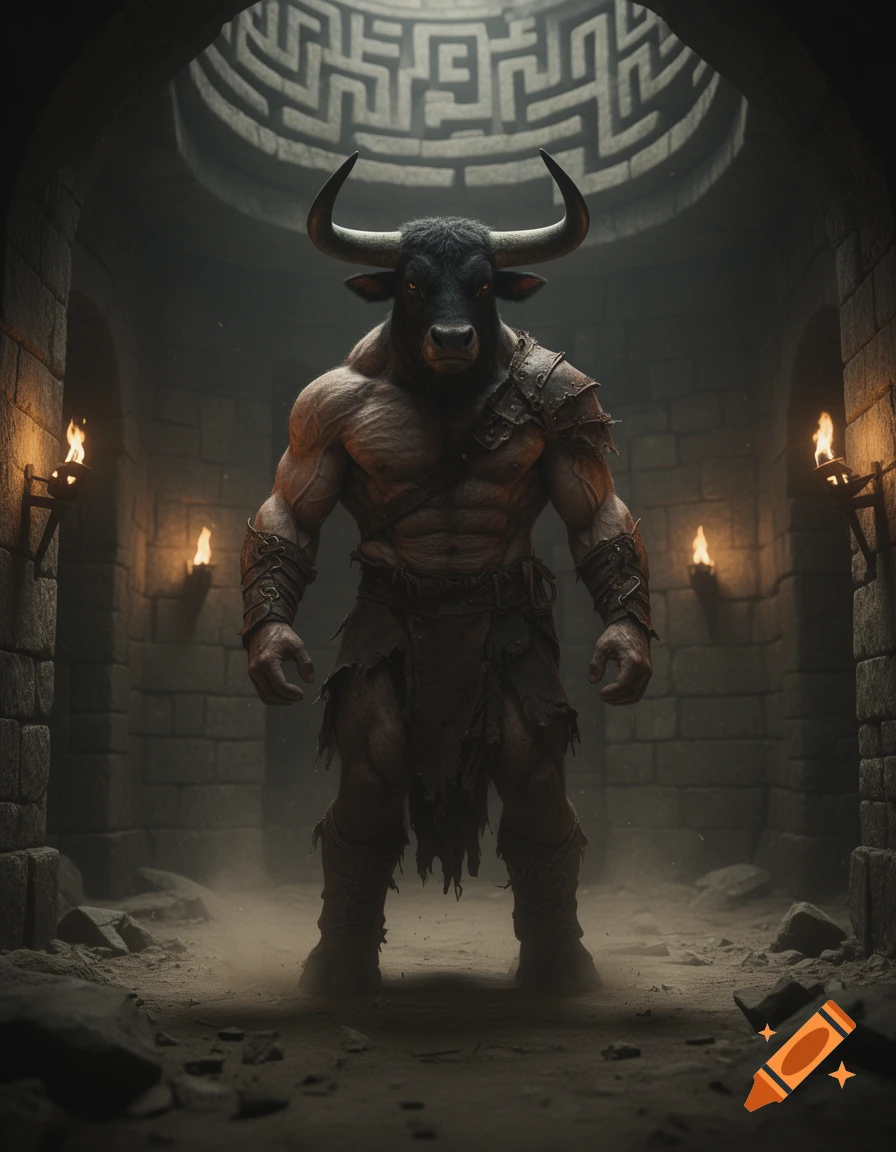 A powerful, muscular Minotaur stands in a dark, torchlit stone labyrinth with a maze pattern on the ceiling.