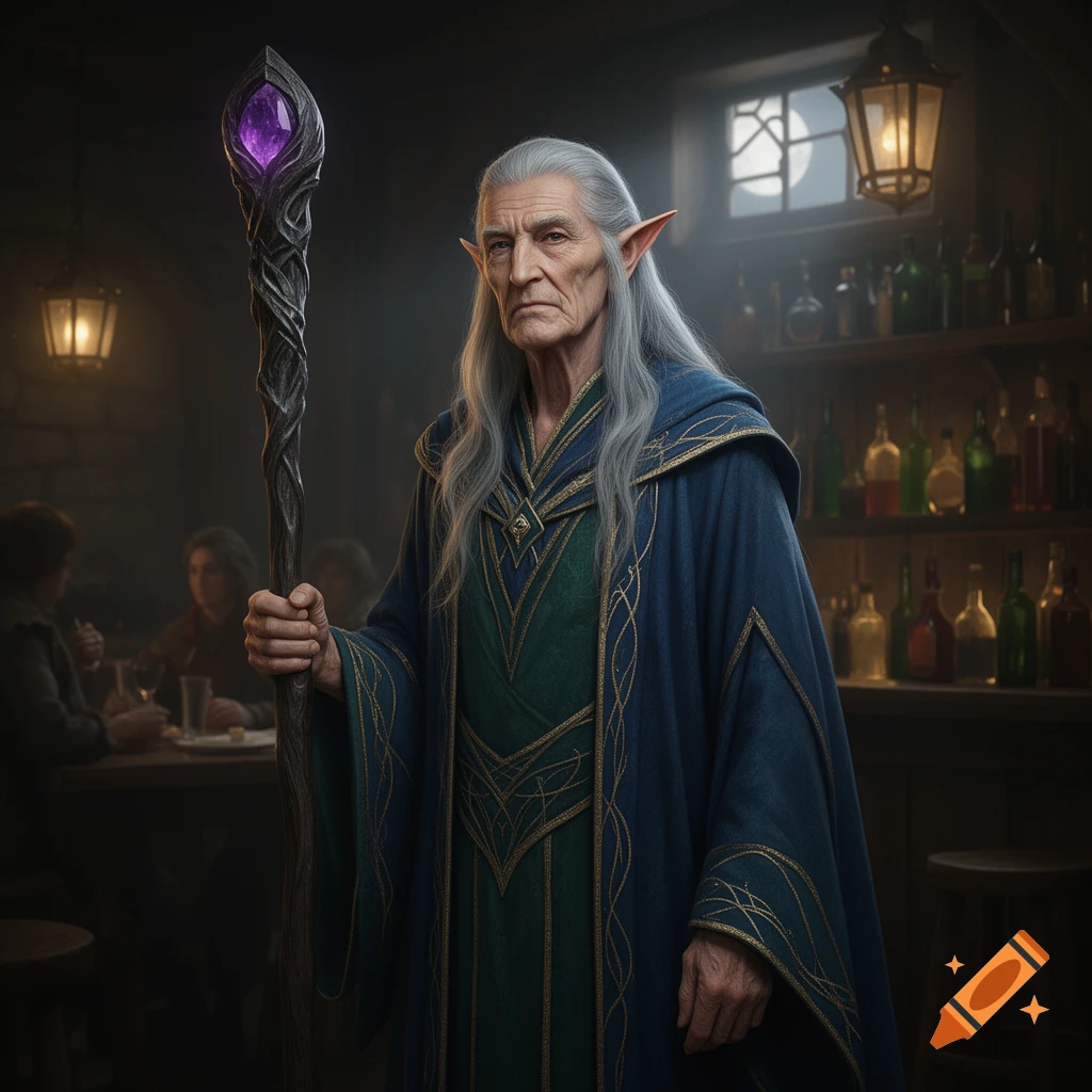 An elderly, long-haired elf-like wizard with pointed ears, wearing blue and green robes, holds a glowing purple staff in a tavern.