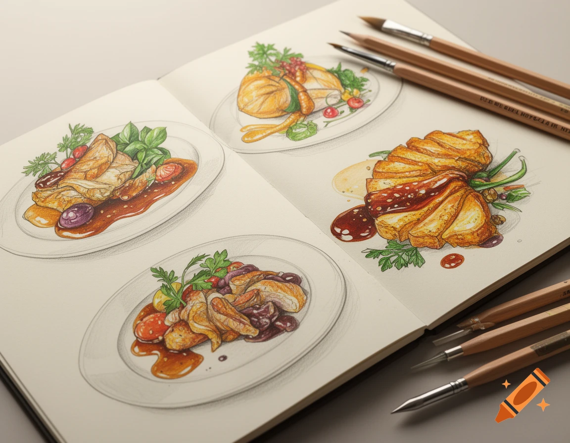 Colorful food illustrations of various dishes in a sketchbook, surrounded by art pencils and brushes.
