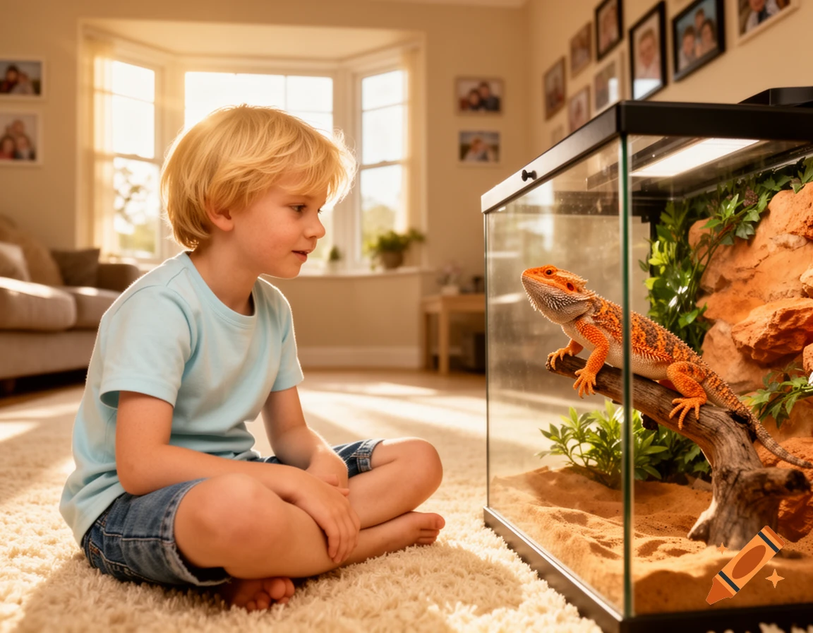 A blonde boy sits on a rug, looking at an orange bearded dragon in a glass terrarium in a sunlit living room.