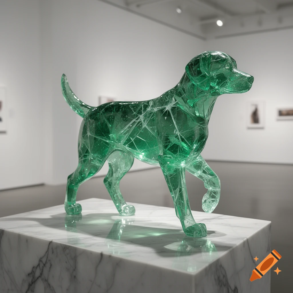A vibrant green crystal dog sculpture with a shattered glass effect, standing on a white marble pedestal in an art gallery.