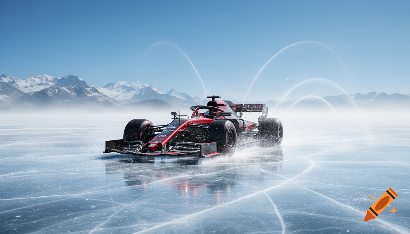 A red Formula 1 car drives across a vast icy plain with snow-capped mountains under a clear blue sky, photorealistic.