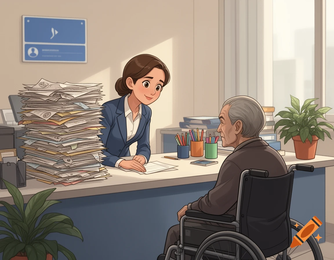 Cartoon of a woman assisting an elderly man in a wheelchair at a public service desk with a large pile of papers.
