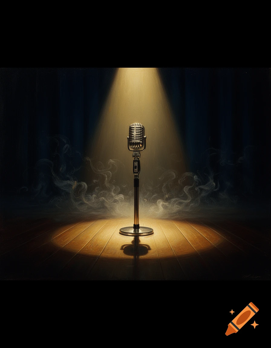 A dramatic oil painting of a vintage chrome microphone on a dark wood stage under a spotlight with theatrical fog.
