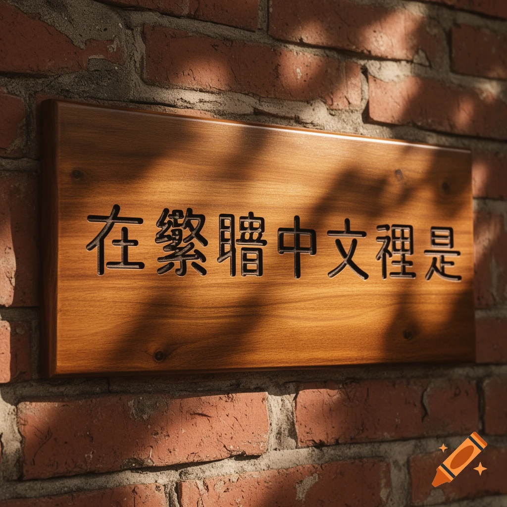 Photorealistic wooden sign with carved Chinese characters '在繁體中文裡是' mounted on a brick wall, with sunlight and shadows.