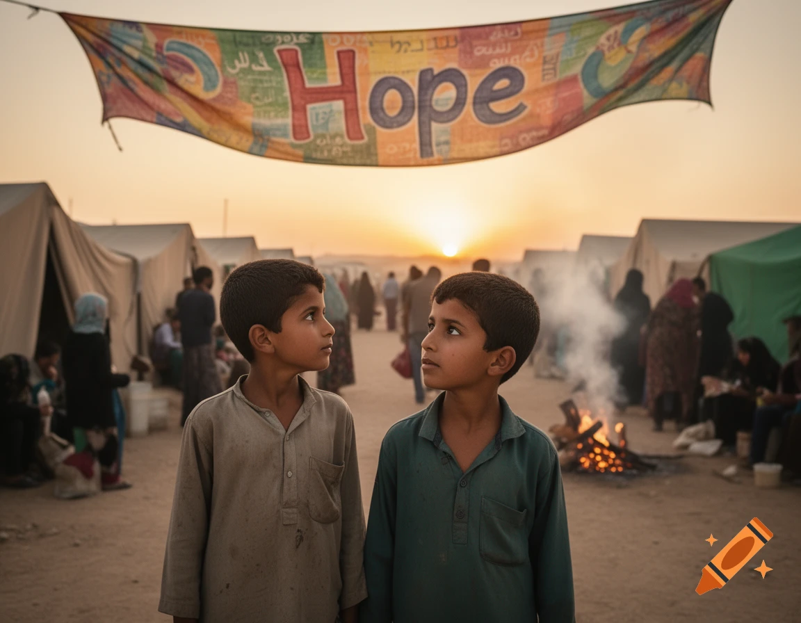 Two young refugee boys stand looking into a vibrant sunset over a dusty camp, with a large 'Hope' banner above them. Photorealistic.