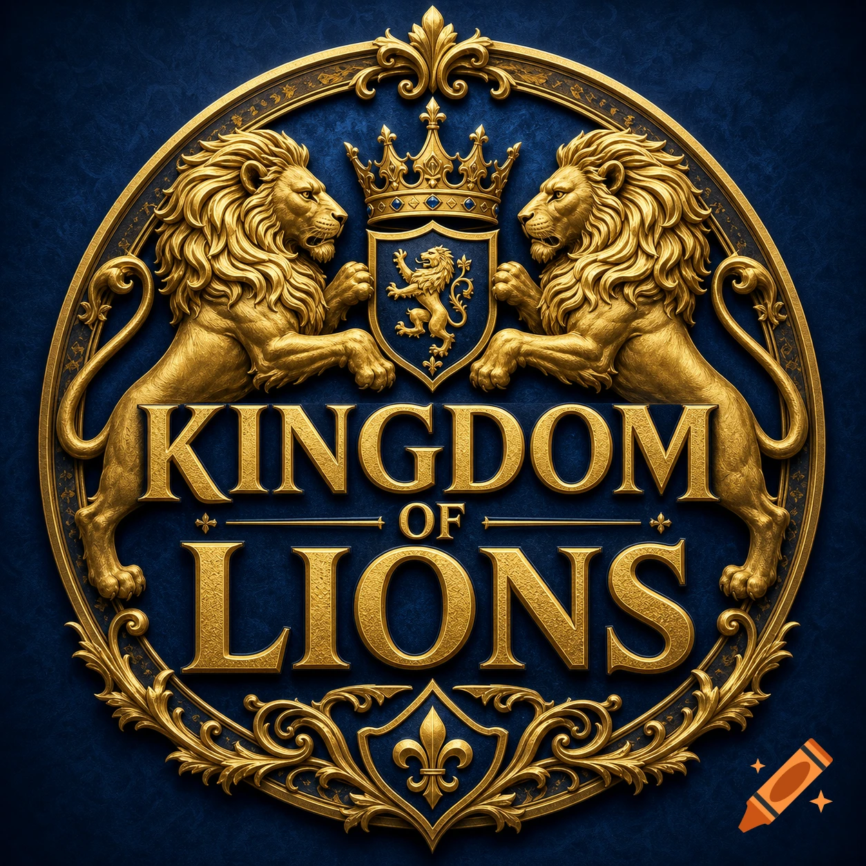 A regal gold and dark blue logo featuring two roaring lions flanking a shield and crown, with the text "KINGDOM OF LIONS" in the center.