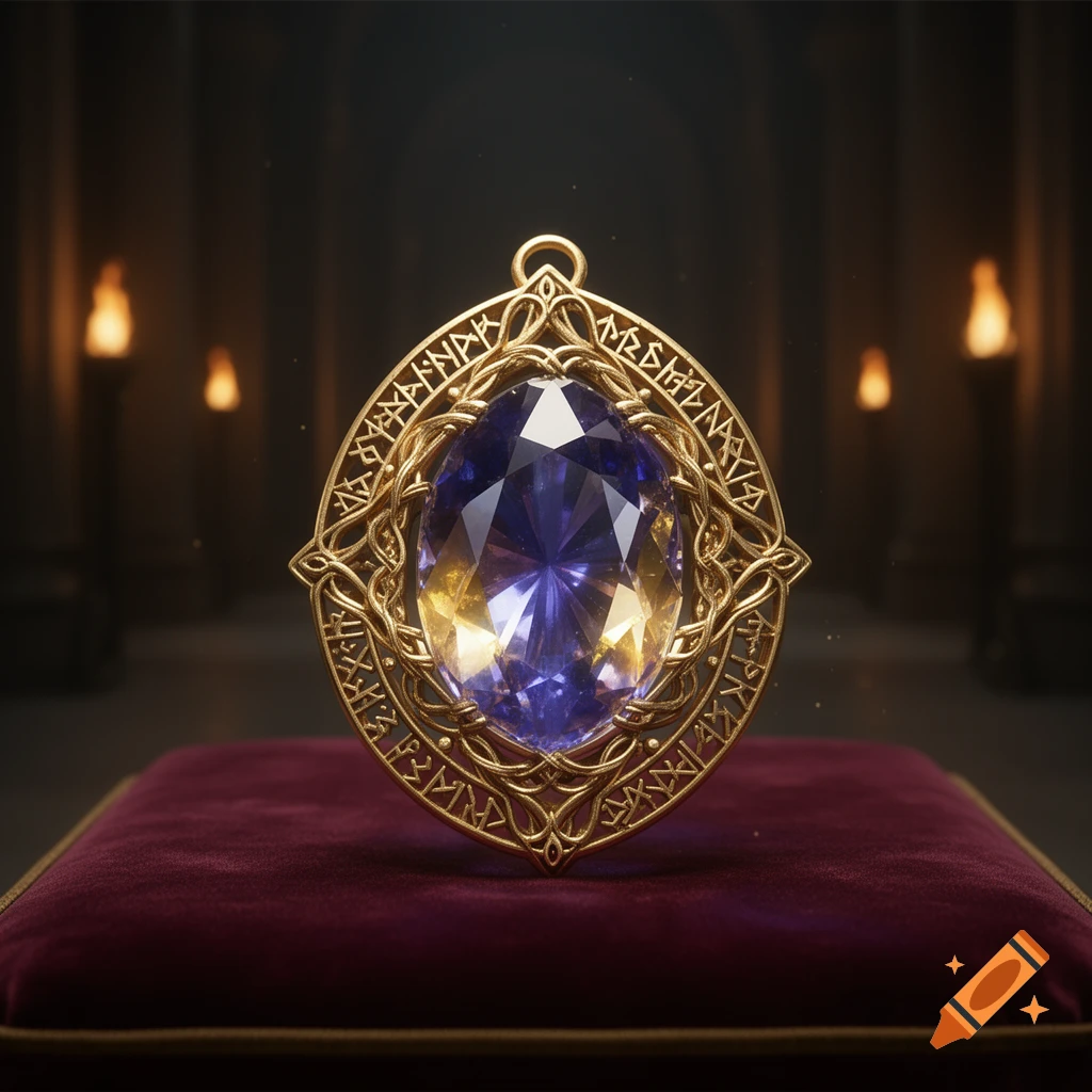 A golden, ornate amulet with a large oval purple and yellow gemstone rests on a red velvet cushion in a dark, atmospheric room.