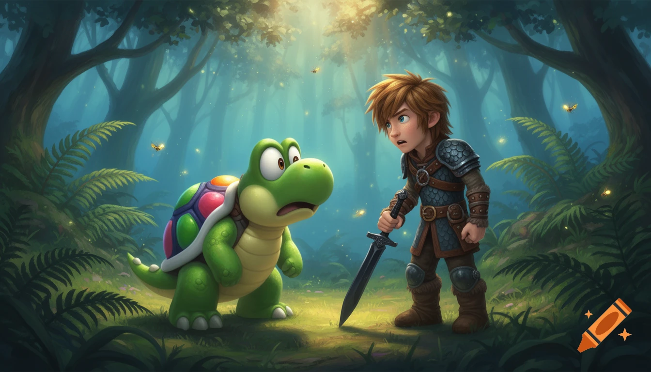 A surprised green turtle with a colorful shell faces a startled young boy in fantasy armor holding a sword in a magical, sunlit forest.
